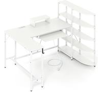 CostwayBureau en L avec Étagères de Rangement Bureau d Ordinateur d Angle avec Station de Charge Bureau de Jeu avec Support Blanc