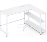 CostwayBureau en L avec Station de Recharge Bureau d'Angle pour Ordinateur avec Étagères Table de Jeu avec Structure Métallique Blanc