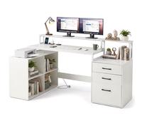 CostwayBureau en L avec Station de Recharge Intégrée Bureau d'Angle avec Tiroir de Classement Supports pour Imprimante et Écran Blanc