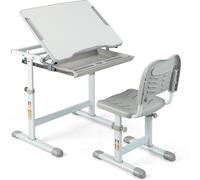 CostwayBureau Enfant à Hauteur Réglable Inclinable 0-45° Ensemble Table et Chaise avec Plateau 1 Tiroir et Crochet en Métal Gris