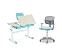 CostwayBureau Enfants avec Hauteur Réglable & Plateau Incliné 0-60° Charge 110KG pour 3-12 Ans + Chaise à Roulettes Hauteur Réglable 80-91,5CM Bleu