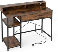 CostwayBureau Informatique avec Étagère Supérieure Tiroir et Étagère à 2 Niveaux Bureau d'Écriture et d'Étude avec Cadre en Métal Robuste Marron