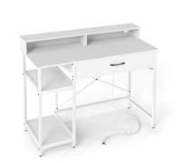 CostwayBureau Informatique avec Étagère Supérieure Tiroir et Étagère à 2 Niveaux Bureau d'Écriture et d'Étude avec Cadre en Métal Robuste Blanc