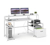 CostwayBureau Informatique avec Station de Charge Intégrée Grand Plateau Support Écran Surélevé Rangement Multi-niveaux Support Tour PC Blanc