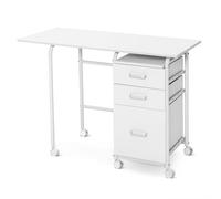 CostwayBureau Pliable avec 3 Tiroirs Table D'écriture Roues Verrouillables avec Cadre en Métal pour Dortoir Appartement Blanc