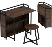 CostwayBureau Pliable avec Tabouret Ensemble de Bureau et Tabouret Portable avec Étagères de Rangement Prises AC Port USB & Type-C Brun Rustique