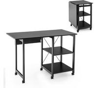 CostwayBureau Pliable pour Ordinateur Table de Travail Moderne avec 2 Étagères de Rangement Table pour Ordinateur Portable avec 6 Roulettes Noir