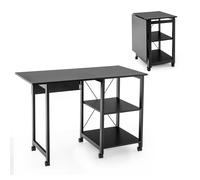 CostwayBureau Pliable pour Ordinateur Table de Travail Moderne avec 2 Étagères de Rangement Table pour Ordinateur Portable avec 6 Roulettes Noir