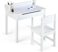 CostwayBureau pour Enfants avec Tabouret&Plateau Rabattable pour 3 Ans+ Blanc