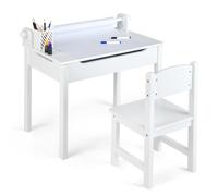 CostwayBureau pour Enfants avec Tabouret&Plateau Rabattable pour 3 Ans+ Blanc