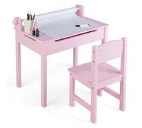 CostwayBureau pour Enfants avec Tabouret & Plateau Rabattable Table à Dessin en Pin Polyvalent avec Rouleau de Papier pour Enfants de 3 Ans+ Rose