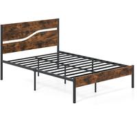 CostwayCadre de Lit 140x200cm avec Sommier en Métal Lit 2 Personnes Industriel avec Tête en Bois Espace de Rangement Marron Rustique