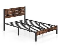 CostwayCadre de Lit 140x200cm avec Sommier en Métal Lit Plateforme avec Tête Haute Barre Silence 32cm Espace de Rangement Marron