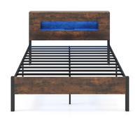CostwayCadre de Lit avec Lumières LED Lit Plateforme avec Tête de Lit de Rangement et Prises Électriques Lit à Lattes 200 x 140 cm Marron Rustique