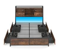 CostwayCadre de Lit avec Lumières LED & Station de Charge Lit avec Tête de Lit de Rangement sans Sommier 200 x 160 cm Brun Rustique