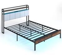 CostwayCadre de Lit avec Station de Charge Lit d'Appoint avec Tête de Lit Rembourrée Sommier à Lattes et Éclairage Ajustable