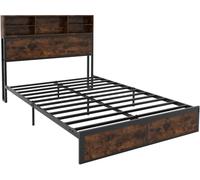 CostwayCadre de Lit Double 200 x 140 cm avec Station de Charge Lit Plateforme en Métal avec Tête de Lit avec Rangement Marron Rustique