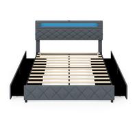 CostwayCadre de Lit Double avec Éclairage LED et Ports USB Lit Plateforme Moderne avec Tiroirs de Rangement Tête Réglable160 x 200 cm Gris