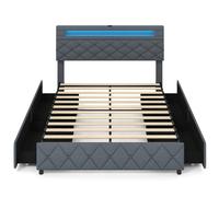 CostwayCadre de Lit Double avec Éclairage LED et Ports USB Lit Plateforme Moderne avec Tiroirs de Rangement Tête Réglable 140 x 200 cm Gris