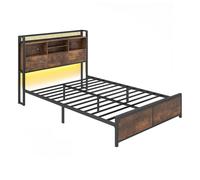 CostwayCadre de Lit Double avec Lumières LED & Station de Charge Lit Plateforme Industriel en Métal Pas de Sommier Nécessaire Marron Rustique
