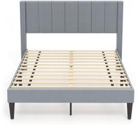 CostwayCadre de Lit Double Sommier Tissu Velouté avec Tête de Lit Lattes en Bois Patins Réglables Pas de Sommier Nécessaire Charge 250kg Gris