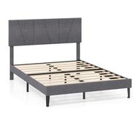 CostwayCadre de Lit Double Taille Lit Plateforme Rembourré en Lin avec Tête de Lit Géométrique Réglable en Hauteur 140 x 200 cm Gris Foncé