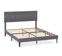 CostwayCadre de Lit Double Taille Lit Plateforme Rembourré en Lin avec Tête de Lit Géométrique Réglable en Hauteur 160 x 200 cm Gris Foncé