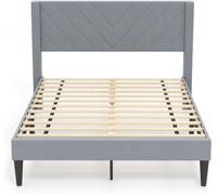 CostwayCadre de Lit Double Taille Sommier Tapissé en Tissu de Velours avec Tête de Lit Support à Lattes en Bois 200 x 140 CM Gris