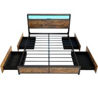 CostwayCadre de Lit LED Taille King avec Station de Charge & 4 Tiroirs Lit à Plateforme avec Tête de Lit de Rangement 200x160cm Marron Rustique