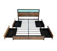 CostwayCadre de Lit LED Taille King avec Station de Charge & 4 Tiroirs Lit à Plateforme avec Tête de Lit de Rangement 200x160cm Marron Rustique