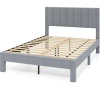 CostwayCadre de Lit Plateforme Rembourré Cadre de Lit Double 200x140cm avec Tête de Lit en Velours et Lattes en Bois pas Besoin de Sommier Gris