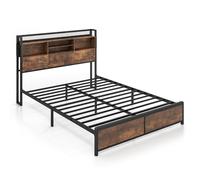 CostwayCadre de Lit Queen Size avec Tête de Lit Rangement Station de Chargement Lit Plateforme à Lattes en Métal Tête de Lit Marron Vintage