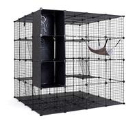 CostwayCage pour Chat Enclos en Fil Métallique à 3 Niveaux avec Portes Pliantes Lucarne Interactive Hamac Peluche Échelles 144 x 144 x 142 cm Noir
