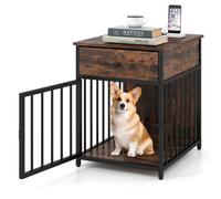 CostwayCage pour Chien Niche en Bois avec Station de Charge Tiroir de Rangement Tubes Métalliques Cage d'Intérieur pour Animaux de Compagnie Café