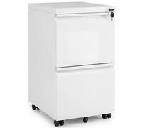 CostwayCaisson de Bureau à Roulette avec 5 Roulettes Frein 2 Tiroirs Casier Verrouillable Métal Barre de Suspension Réglable Blanc