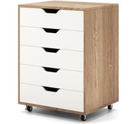 CostwayCaisson Mobile et Vertical à Roulettes avec 5 Tiroirs Poignée Incurvée et 2 Roues avec Frein 49 x 40 x 65 cm Naturel