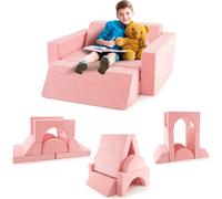 CostwayCanapé Enfants 8 Pièces avec Combinaisons Multiples Fauteuil Convertible en Tissu Shédine avec Housse Amovible pour 12 Mois+ Rose