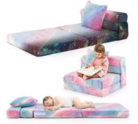 CostwayCanapé Lit Pliant pour Enfants Matelas de Sol Lumineux pour Tout-Petits avec Coussin et Housse Lavable en Machine Multicolore