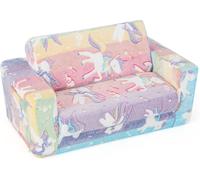 CostwayCanapé Rabattable 2 en 1 pour Enfant Canapé Convertible en Chaise Longue Housse Amovible en Tissu Flanelle et Motifs Lumineux en Peluche Douce Coloré