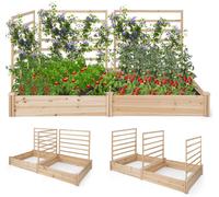 CostwayCarré Potager en Bois de Sapin 222x114x110CM 3 Treillis Base Ouverte Vignes Grimpantes Fruits Fleurs Légumes Naturel