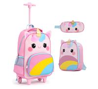 CostwayCartable à Roulettes Motif Licorne 3 Pcs avec Sac à Déjeuner & Trousse pour 3+ Sac à Dos à Roulettes avec Poignée Télescopique Multicolore
