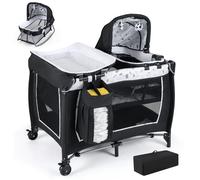 CostwayCentre d'Activité Bébé 5 en 1 Parc Pliable avec Table à Langer Berceau Bébé & Matelas 2 Jouets Suspendus & Boîte à Musique Roues Beige