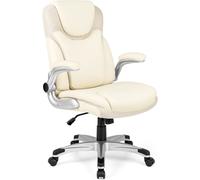 CostwayChaise de Bureau de Direction en Cuir Pu à Bascule Hauteur Réglable Chaise de Travail Ergonomique avec Accoudoirs Rabattables Pivotante à 360° Blanc