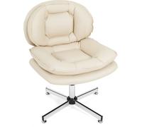 CostwayChaise de Bureau Rembourrée Sans Roulettes Dossier et Siège Doublement Rembourrés Base en Métal Croisé Chaise Pivotante Beige