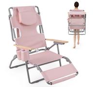 CostwayChaise de Plage Pliante 3 en 1 avec Trou pour le Visage Repose-pieds Dossier Réglable Oreiller Fauteuil Inclinable Portable Rose