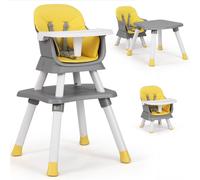 CostwayChaise Haute pour Bébé 6 en 1 Chaise d'Alimentation Convertible pour Bébé Tabouret pour Enfants avec Harnais à 5 Points Plateau et Jaune
