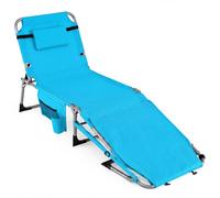 CostwayChaise Longue avec Trous pour Visage et Bras Bain de Soleil Pliable avec Dossier à 4 Positions Poche et Appuie-tête Charge 150 KG Bleu