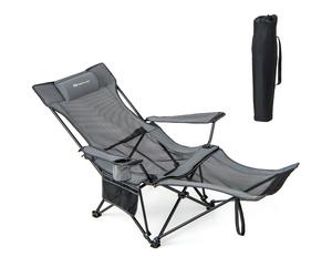 CostwayChaise Longue de Camping Chaise Longue de Loisirs 2 en 1 Repose-pieds Amovible Dossier Réglable Sac de Rangement Porte-gobelet Appui-tête Gris