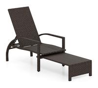 CostwayChaise Longue de Jardin avec Ottomane Rétractable Bain de Soleil en Rotin avec Dossier Réglable 6 Niveaux Charge 180kg