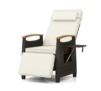 CostwayChaise Longue de Jardin en Rotin Fauteuil Extérieur avec Dossier&Repose-pied Réglables Tablette Latérale Rabattable Assise Rembourrée Blanc
